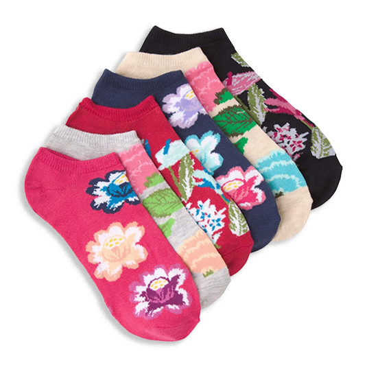 Stack of six ankle socks in bright colors like pink, navy, and black, featuring large botanical floral patterns and leaves.