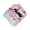 Six no-show socks in pastel colors; gray, pink, lavender, teal. Designs include foxes, hedgehogs and butterflies.