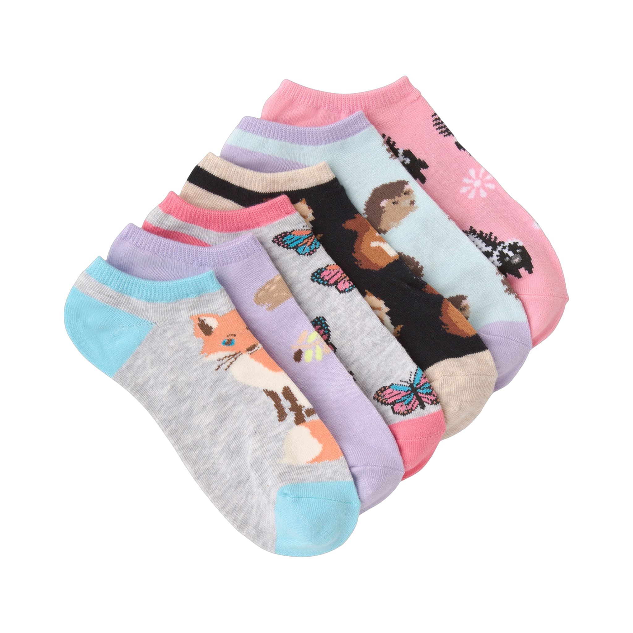 Six no-show socks in pastel colors; gray, pink, lavender, teal. Designs include foxes, hedgehogs and butterflies.
