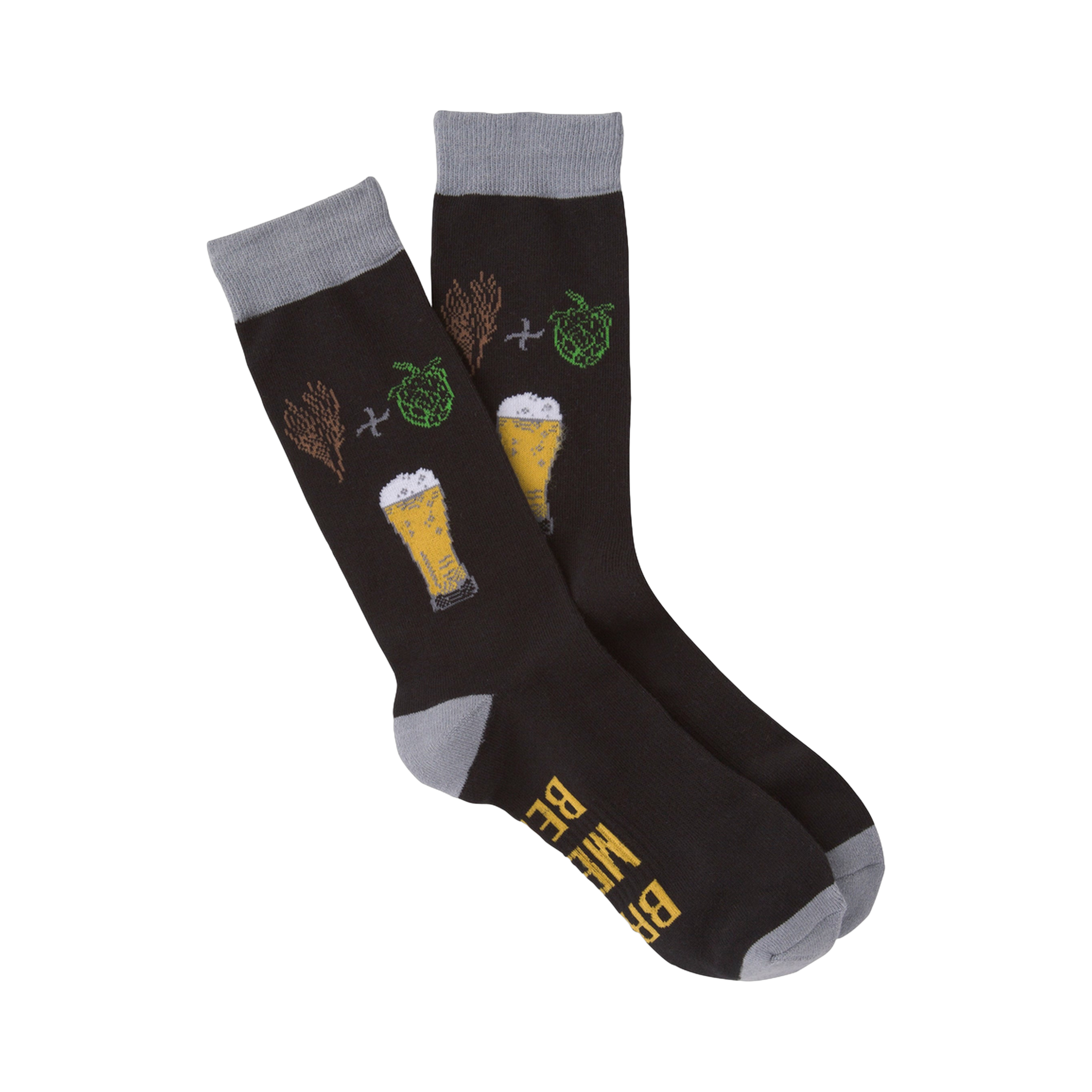 Flatlay product shot of two 'Bring Me A Beer' socks showcasing the design and color details.