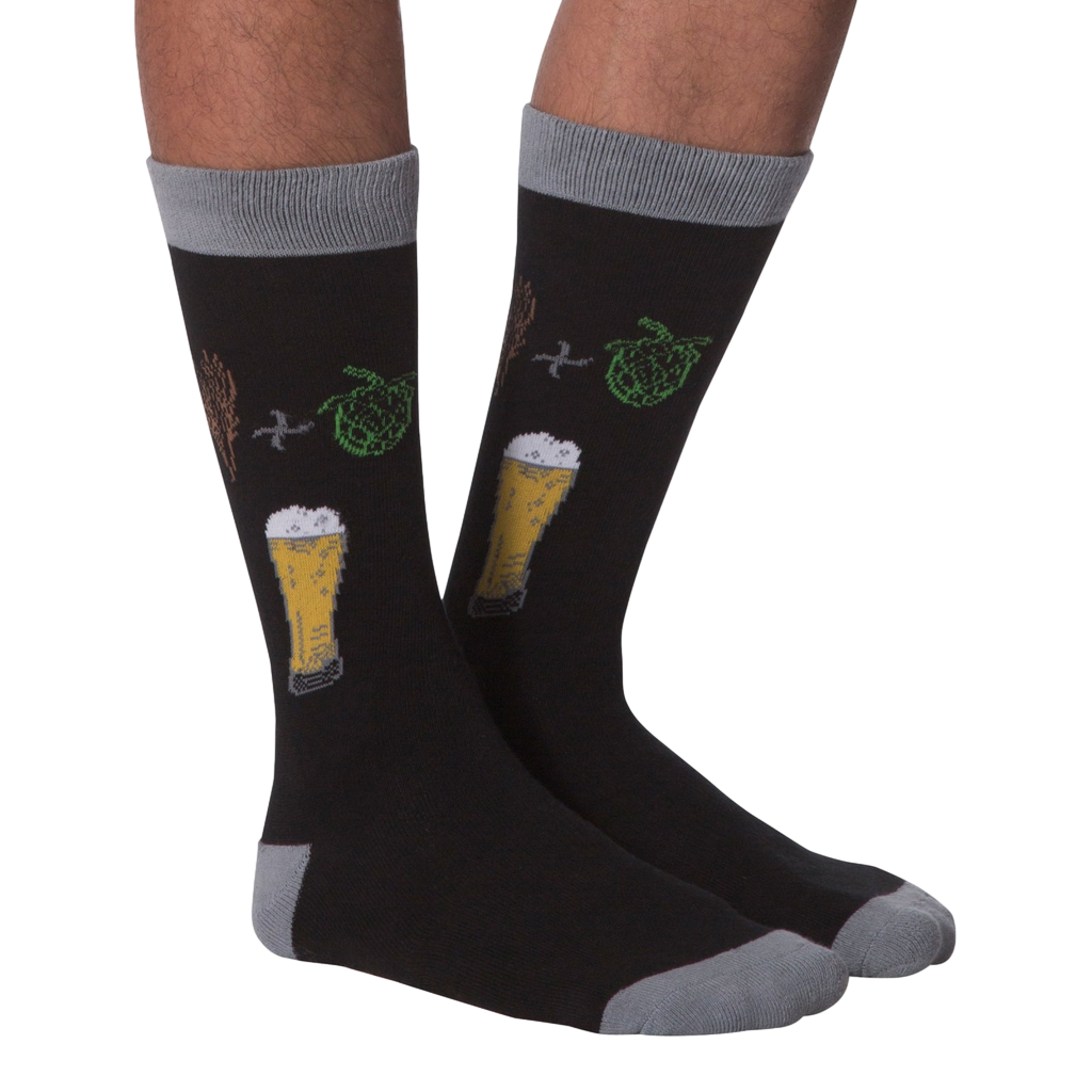 Pair of 'Bring Me A Beer' socks lying flat showcasing the full design, including text on the cuff.