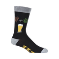 Black crew socks with a fun beer-themed design.  Features illustrations of hops, barley, and a beer glass, plus the text 'Bring Me A Beer'.