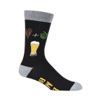 Black crew socks with a fun beer-themed design.  Features illustrations of hops, barley, and a beer glass, plus the text 'Bring Me A Beer'.