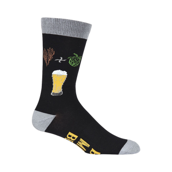 Black crew socks with a fun beer-themed design.  Features illustrations of hops, barley, and a beer glass, plus the text 'Bring Me A Beer'.