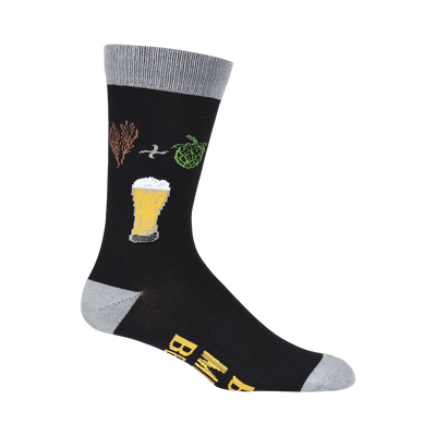 Black crew socks with a fun beer-themed design.  Features illustrations of hops, barley, and a beer glass, plus the text 'Bring Me A Beer'.