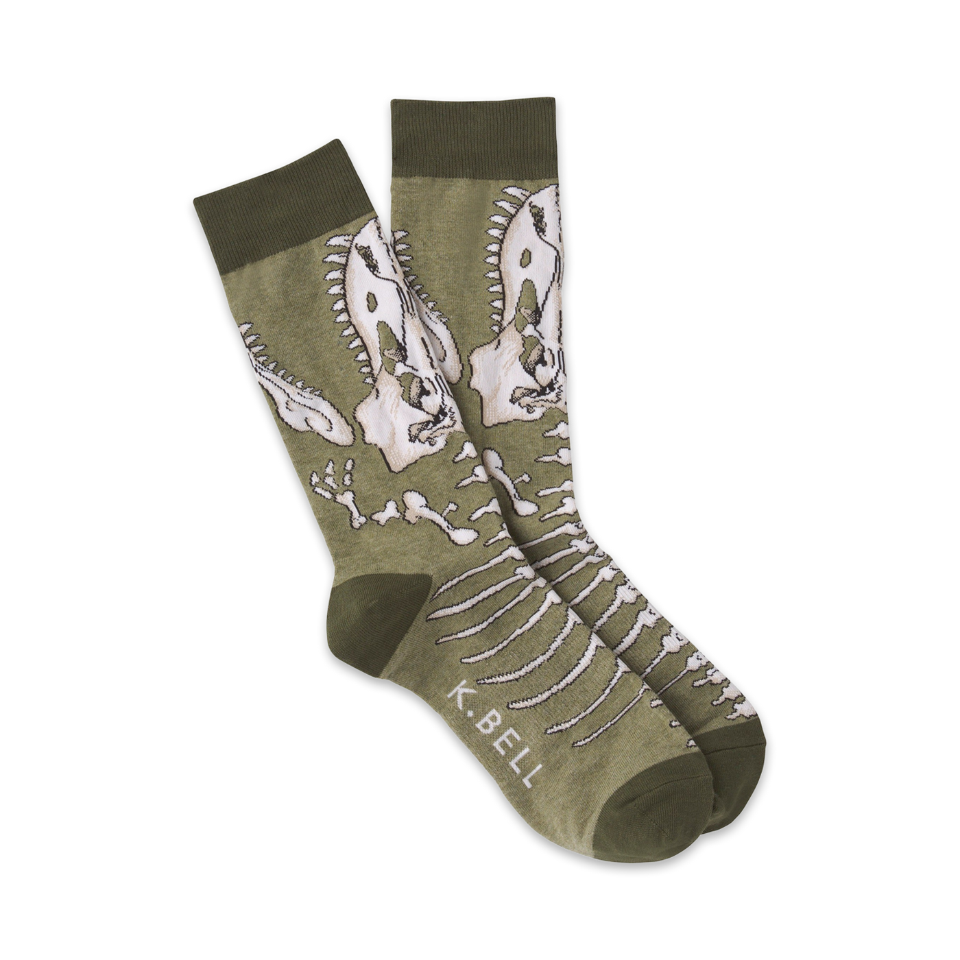 Pair of olive green crew socks with a detailed T-Rex skeleton design in off-white. 