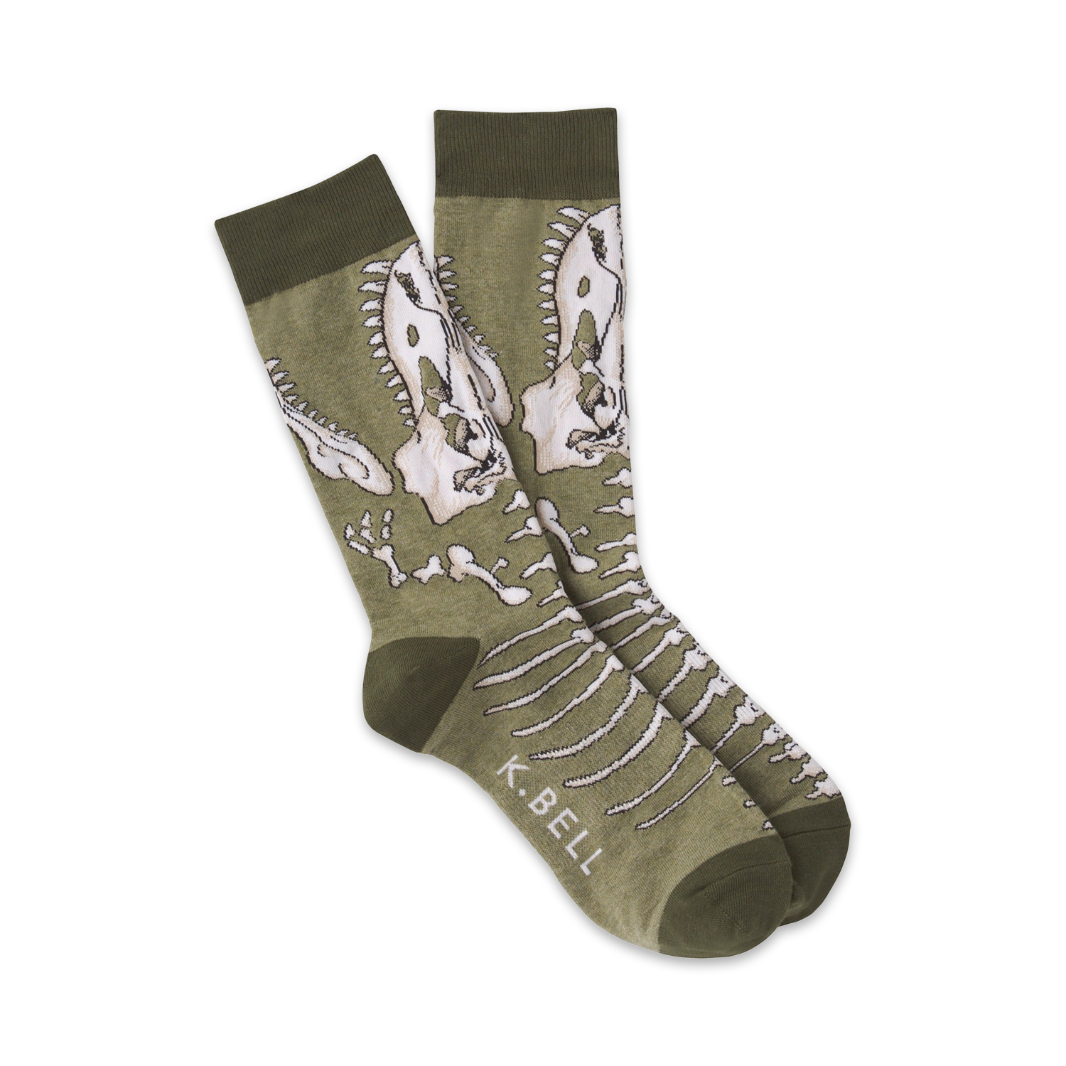 Pair of olive green crew socks with a detailed T-Rex skeleton design in off-white. 