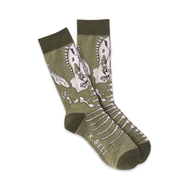 t-rex socks in dark green feature dinosaur bones in white and light gray, with a ribbed top and smooth bottom.   