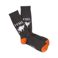 Pair of gray crew socks with an orange cuff, featuring a white 'I Call Bullshit' design with a pooping bull graphic.