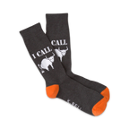 Pair of gray crew socks with an orange cuff, featuring a white 'I Call Bullshit' design with a pooping bull graphic.