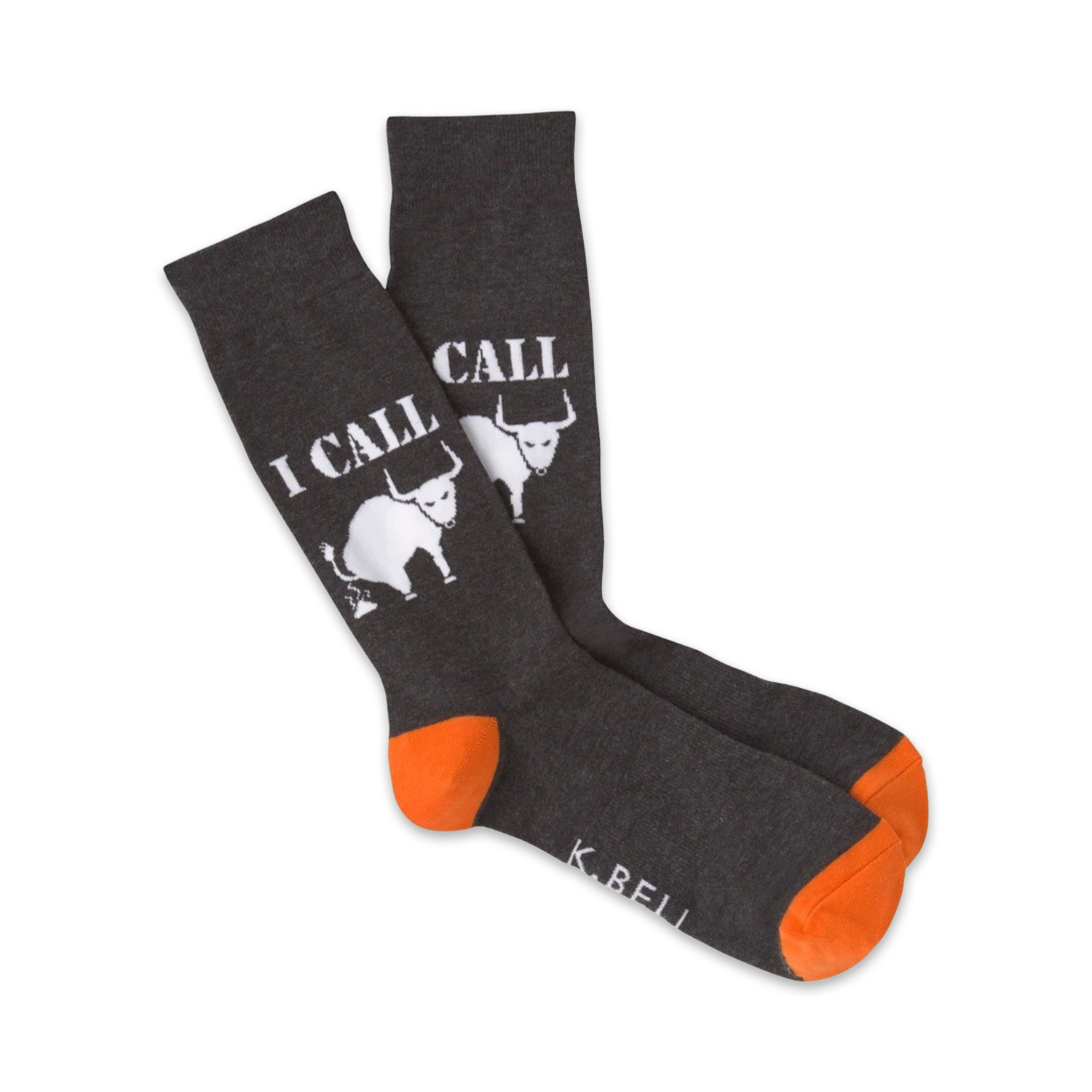 Pair of gray crew socks with an orange cuff, featuring a white 'I Call Bullshit' design with a pooping bull graphic.