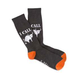 mens gray crew socks with orange heel and toe featuring white bull pattern and "i call" text  