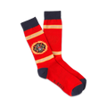 Pair of red crew socks with navy blue cuffs. Features a yellow and red fire department emblem and 'K.BELL' on the sole.