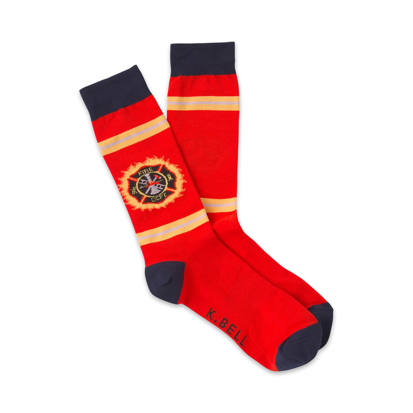 Pair of red crew socks with navy blue cuffs. Features a yellow and red fire department emblem and 'K.BELL' on the sole.