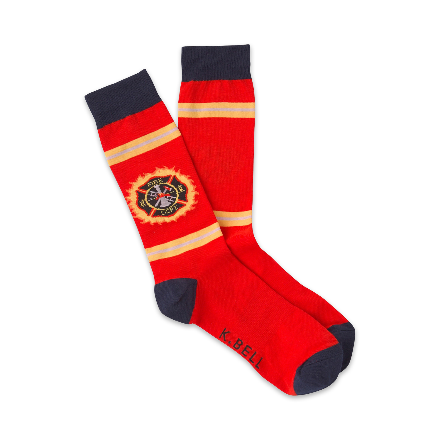 Pair of red crew socks with navy blue cuffs. Features a yellow and red fire department emblem and 'K.BELL' on the sole.