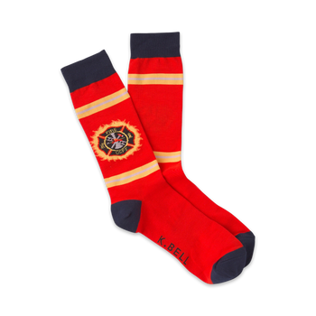 red socks with dark blue toe, heel, and top. yellow stripe near top. maltese cross patch with "fire dept." in front. mens crew socks.  