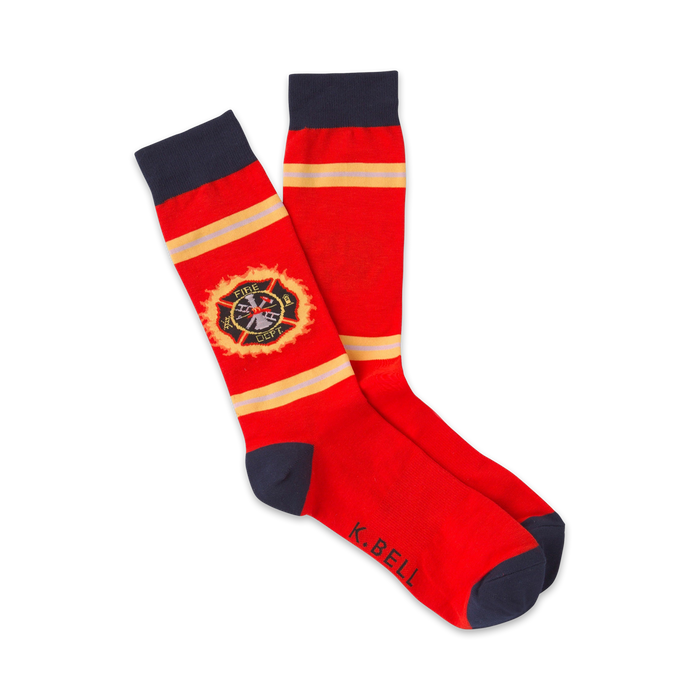 red socks with dark blue toe, heel, and top. yellow stripe near top. maltese cross patch with 