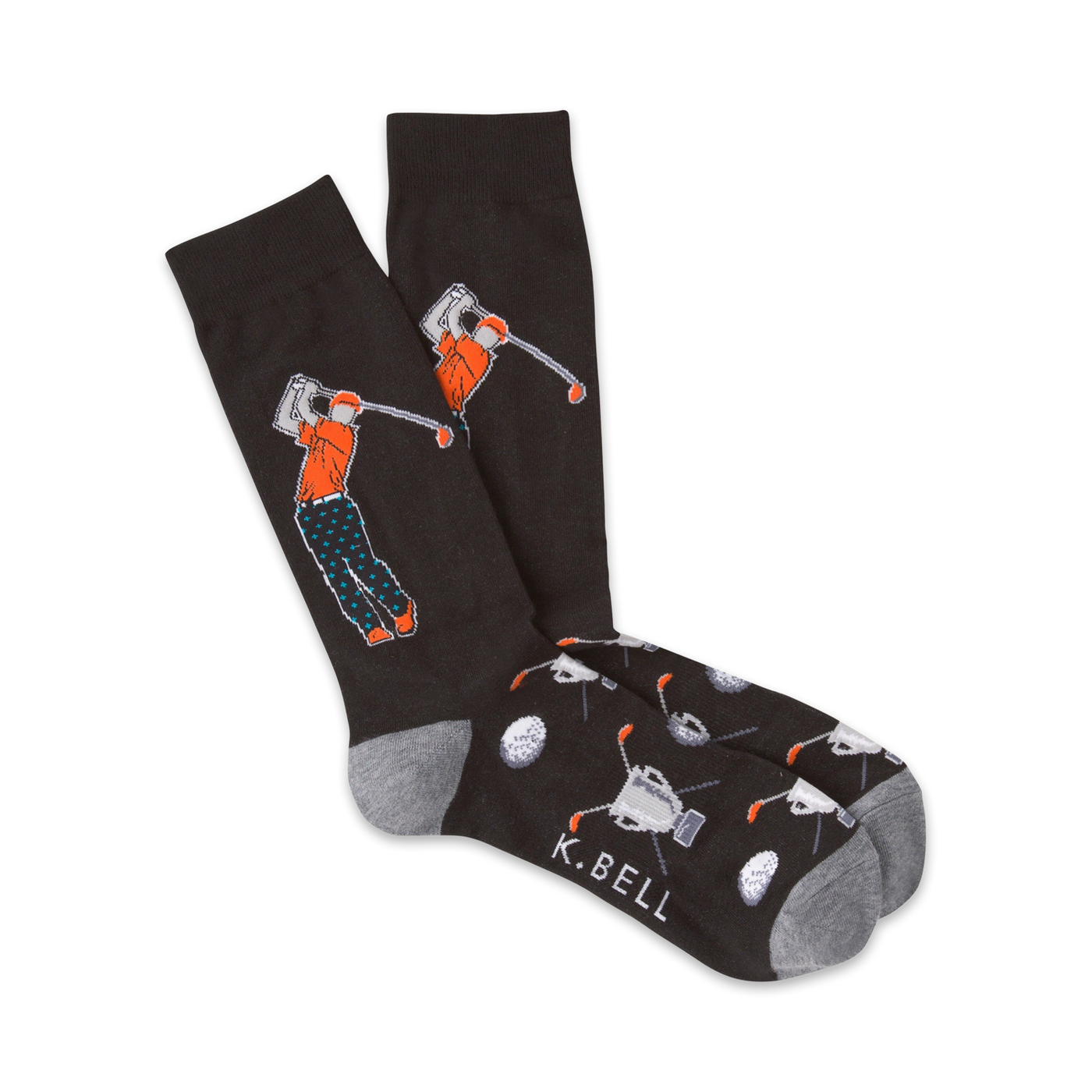 A pair of black crew socks with a golfer design.  The golfer is orange and teal, with golf balls and clubs scattered on the foot.