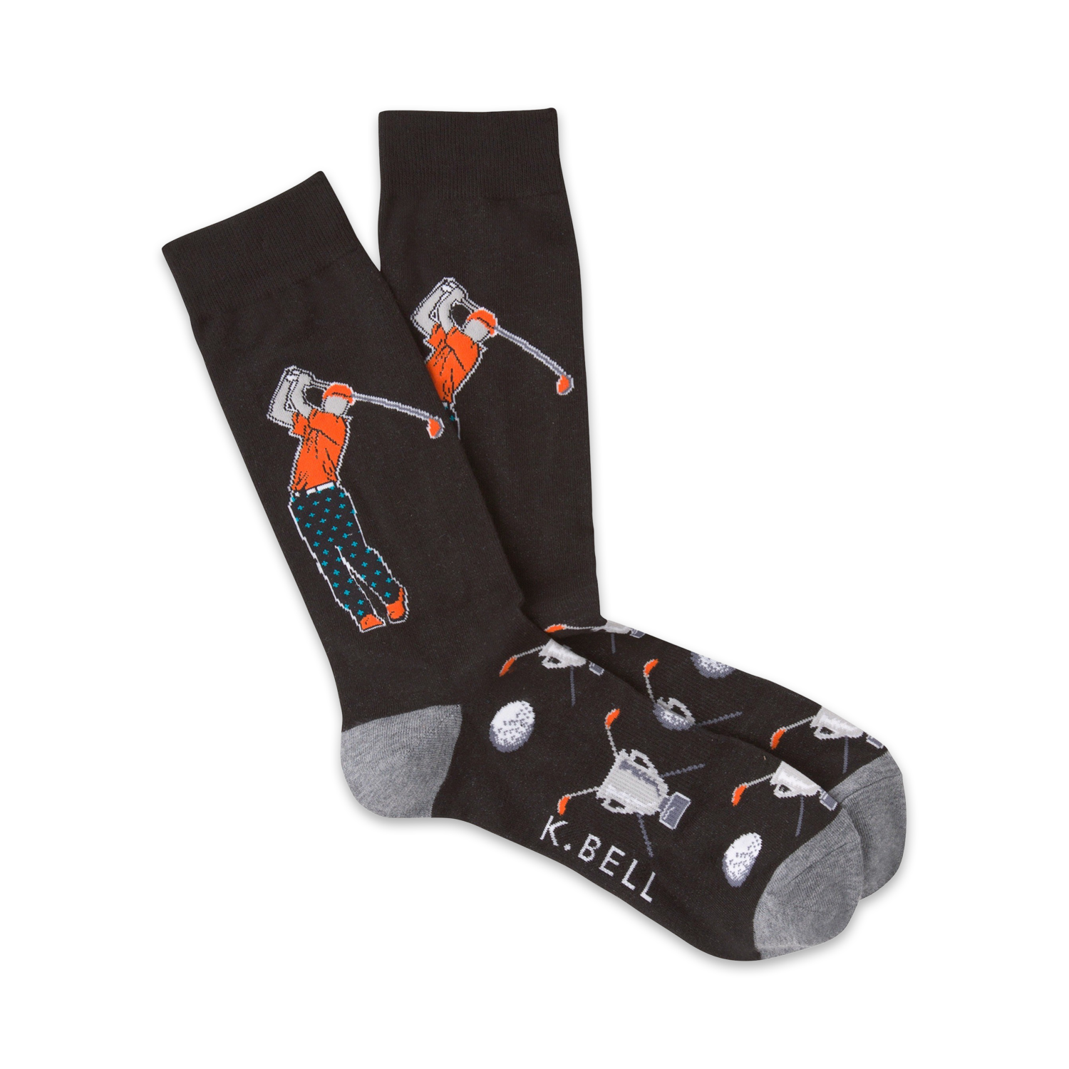 A pair of black crew socks with a golfer design.  The golfer is orange and teal, with golf balls and clubs scattered on the foot.