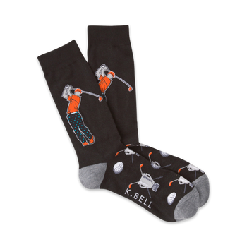 black crew socks with orange and blue golfer pattern on a gray toe and heel.   