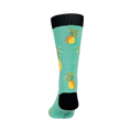 Back view of a teal crew sock with pineapples, showing the design from heel to toe.
