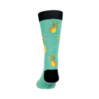 Back view of a teal crew sock with pineapples, showing the design from heel to toe.