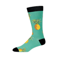 Side view of a single teal crew sock with pineapples. Shows the full length and design details.