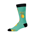 Side view of a single teal crew sock with pineapples. Shows the full length and design details.