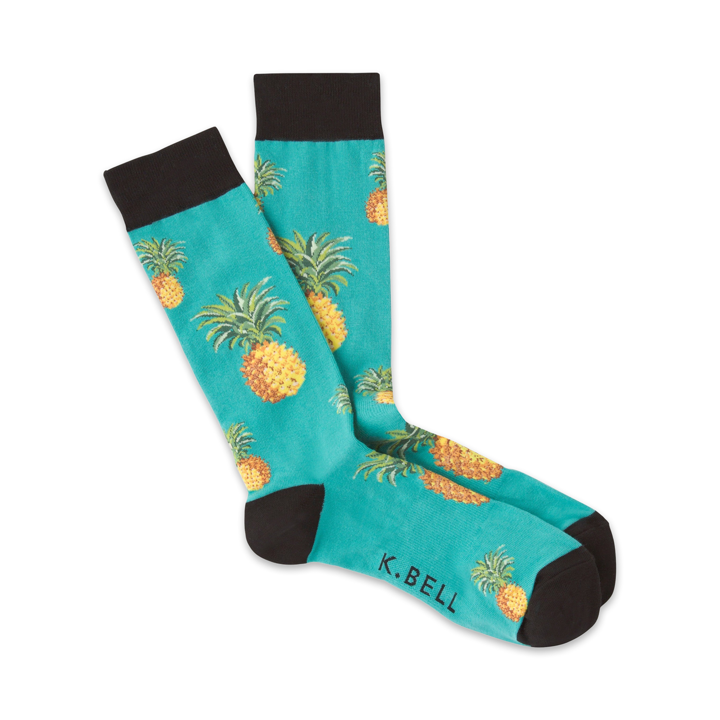 Pair of teal crew socks with a repeating pineapple pattern.  Black cuffs and toes. Fun, tropical design.