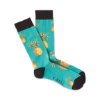 Pair of teal crew socks with a repeating pineapple pattern.  Black cuffs and toes. Fun, tropical design.