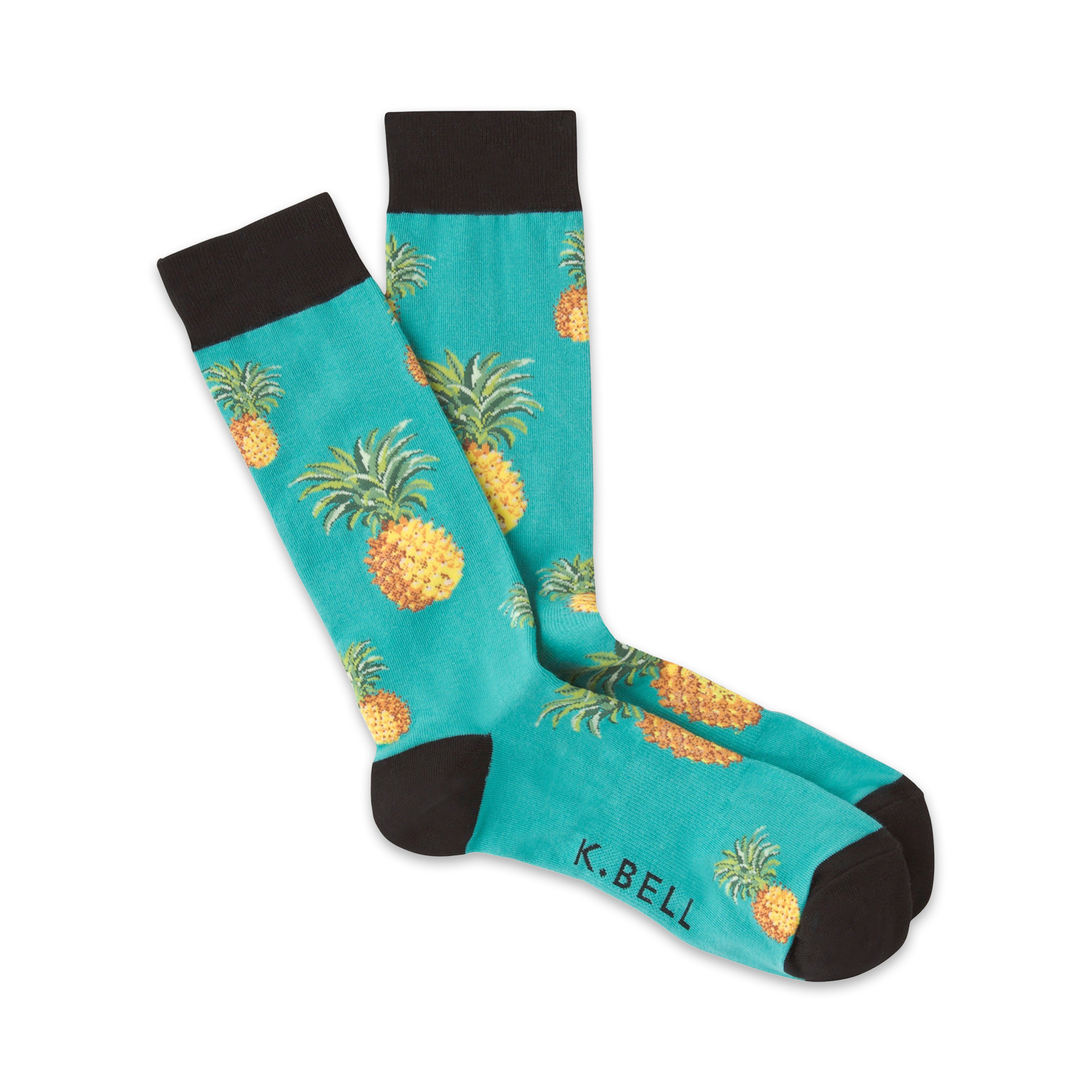 Pair of teal crew socks with a repeating pineapple pattern.  Black cuffs and toes. Fun, tropical design.