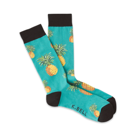 turquoise socks with yellow pineapples, green leaves, black toe and heel. crew length. men's.  