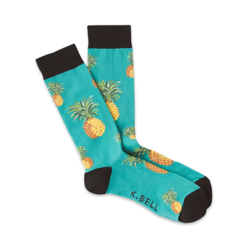 turquoise socks with yellow pineapples, green leaves, black toe and heel. crew length. men's.  