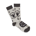 A pair of grey crew socks with a black and white design. The socks feature weightlifting imagery, barbells, and the text 'No Pain No Gain'.