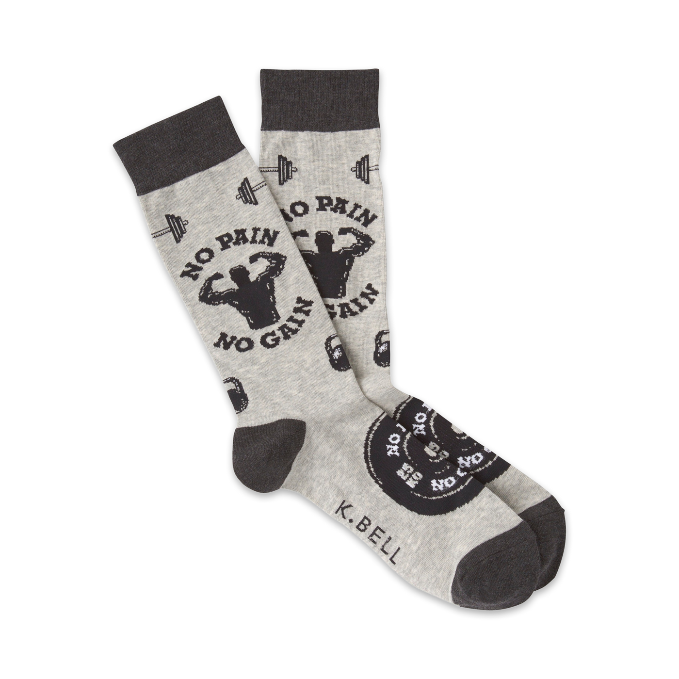 A pair of grey crew socks with a black and white design. The socks feature weightlifting imagery, barbells, and the text 'No Pain No Gain'.