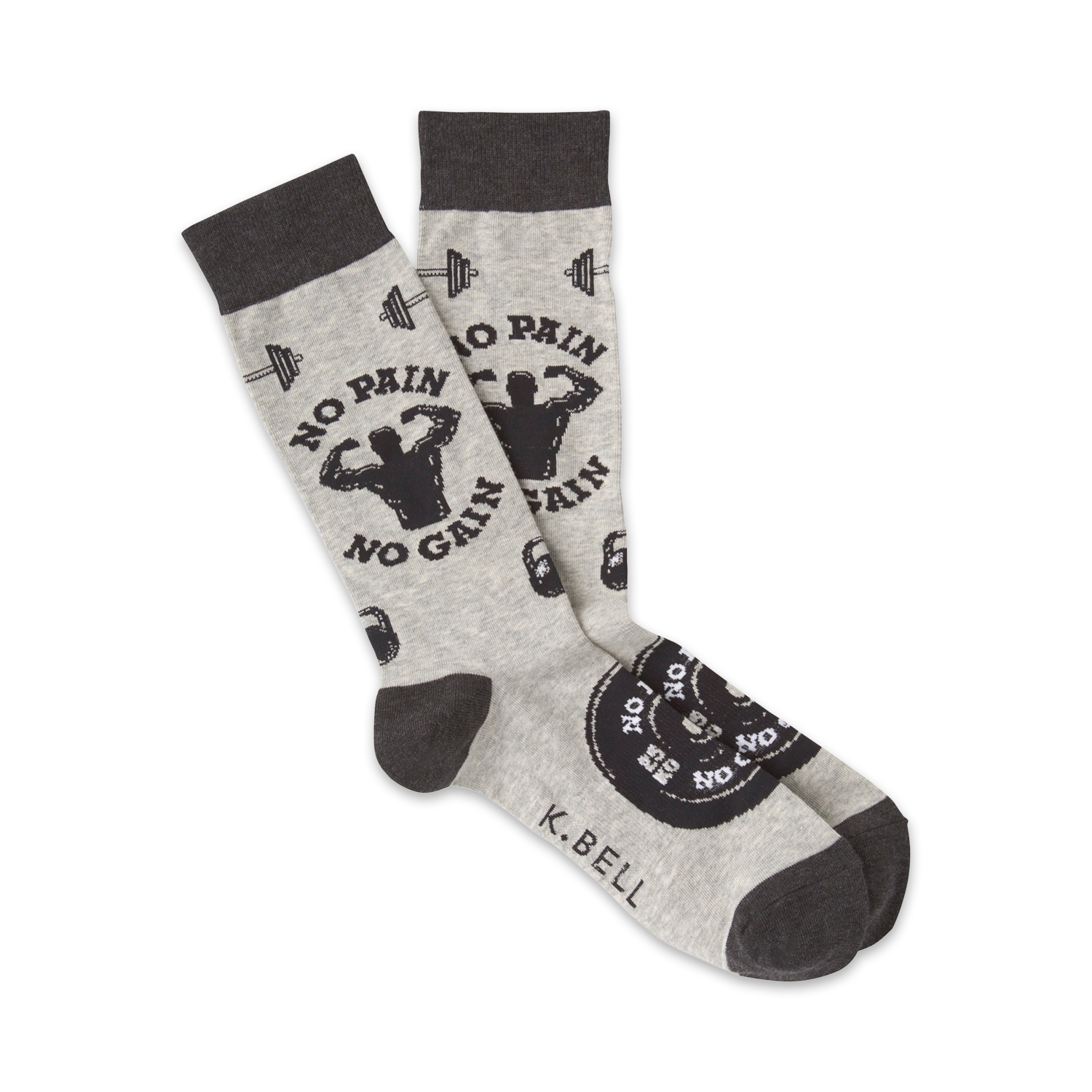 A pair of grey crew socks with a black and white design. The socks feature weightlifting imagery, barbells, and the text 'No Pain No Gain'.