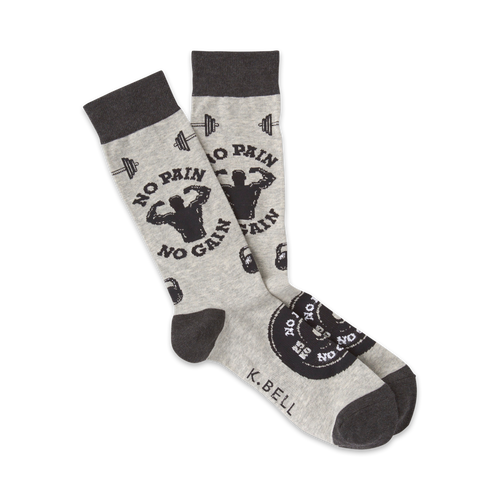 A pair of grey crew socks with a black and white design. The socks feature weightlifting imagery, barbells, and the text 'No Pain No Gain'.
