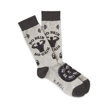 novelty crew socks for men with a "no pain no gain" weightlifting design in black and white.  