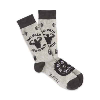 novelty crew socks for men with a "no pain no gain" weightlifting design in black and white.  