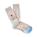 Pair of grey crew socks with a city map design, orange roads, and a red location pin that says 'I am Here'. Light blue heel and toe.