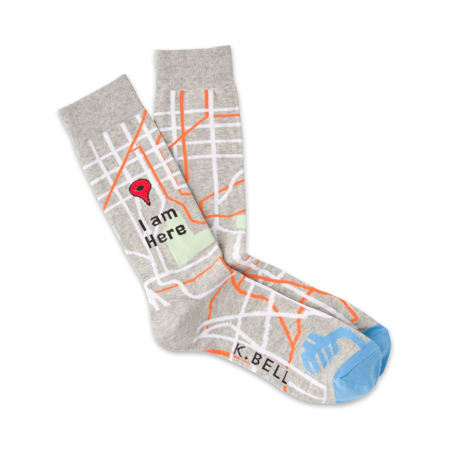Pair of grey crew socks with a city map design, orange roads, and a red location pin that says 'I am Here'. Light blue heel and toe.