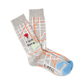 mens crew socks in gray with light blue, dark blue, and orange map pattern. left sock says â€œi am here." right sock has â€œk. bellâ€ on toe.   