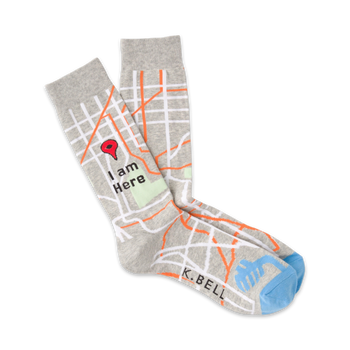 mens crew socks in gray with light blue, dark blue, and orange map pattern. left sock says â€œi am here." right sock has â€œk. bellâ€ on toe.   