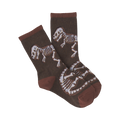 Pair of brown crew socks with a pattern of beige dinosaur skeletons. 
