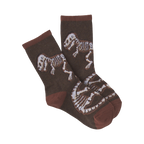 Pair of brown crew socks with a pattern of beige dinosaur skeletons. 