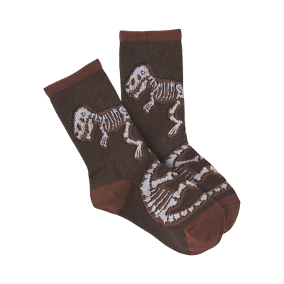 Pair of brown crew socks with a pattern of beige dinosaur skeletons. 