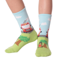 Lifestyle shot of Fireman socks on a person's feet, showing the full sock design.