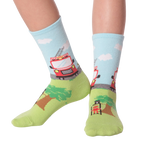 Lifestyle shot of Fireman socks on a person's feet, showing the full sock design.