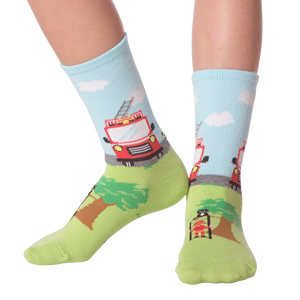 Lifestyle shot of Fireman socks on a person's feet, showing the full sock design.
