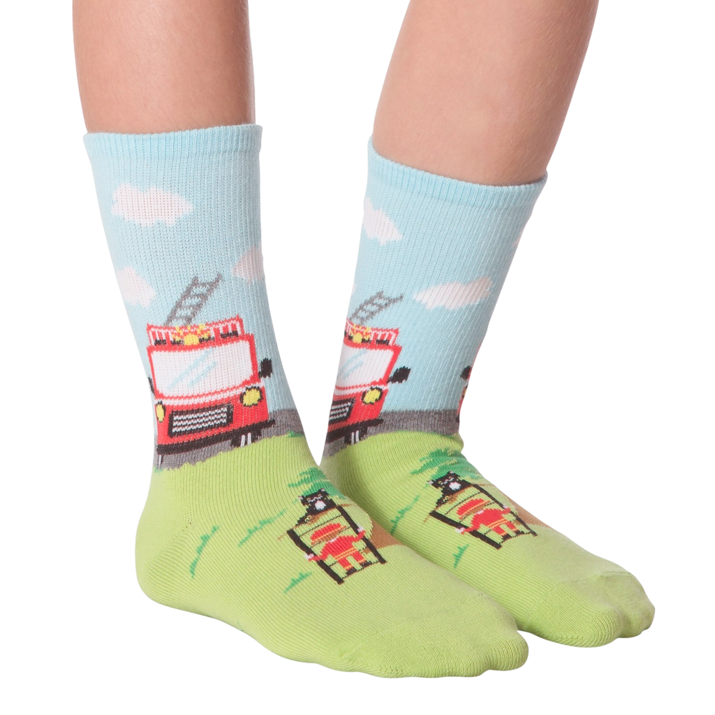 Another lifestyle shot of Fireman socks on feet, showcasing the sock's fit and design.